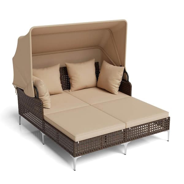 1-Piece Plastic Rattan Outdoor Day Bed with Retractable Canopy and Beige Cushions