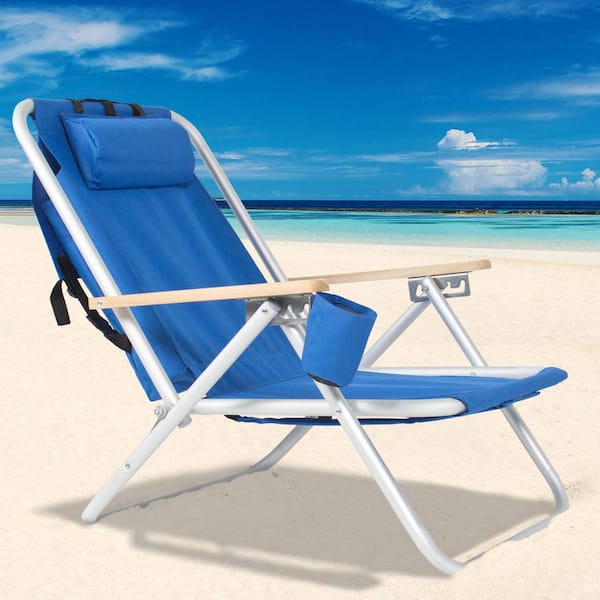 Karl home Portable Blue Iron Folding Adjustable Headrest Beach Chair 551892847636 The Home Depot