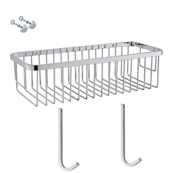 Stainless Steel Wall Mounted Rectangle Shower Caddy Shower Basket with 2 Hooks in Polished Chrome