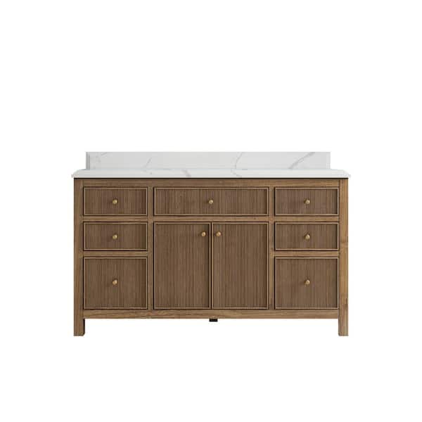 Willow Collections Sonoma Teak 60 in. W x 22 in. D x 36 in. H Single Sink Bath Vanity in Dark Teak with 1.5" Calacatta Quartz Top