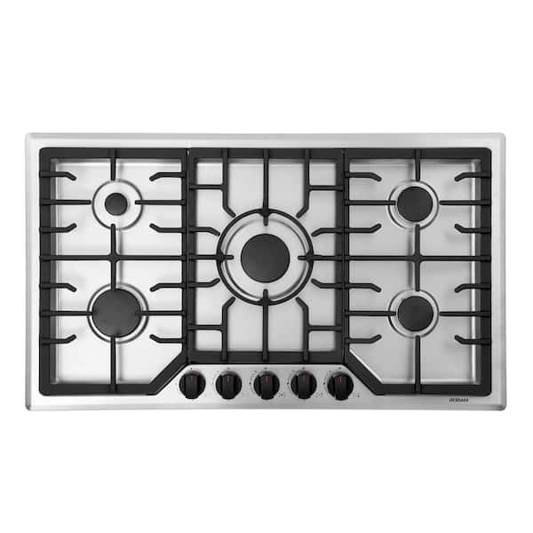 36 in. 5 Sealed Brass Burners Recessed Gas Cooktop in Stainless Steel with 15000 BTU Wok Burner and LP Conversion Kit