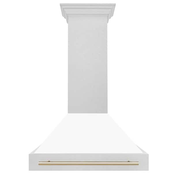 Autograph Edition 36 in. Satin Stainless Steel Wall Mount Range Hood with White Matte Shell and Polished Gold Handle