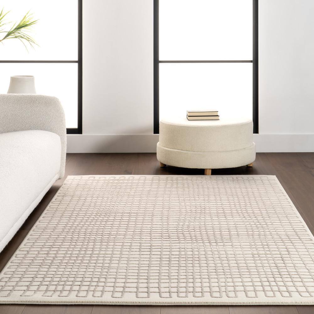 Cream Geometric Machine Washable Synthetic Area Rug 2' x 3'