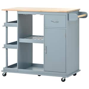 Blue Wood 40 in. Kitchen Island with Rubber Wood Top, Adjustable Shelves and Wine Rack