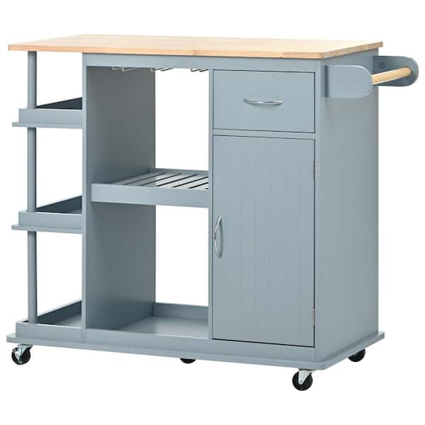 Tatahance Blue Wood 40 in. Kitchen Island with Rubber Wood Top, Adjustable Shelves and Wine Rack