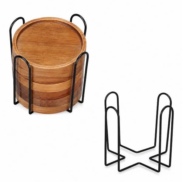 Anqtovp Set of 8 Farmhouse Series Acacia Wood Coasters with Holder