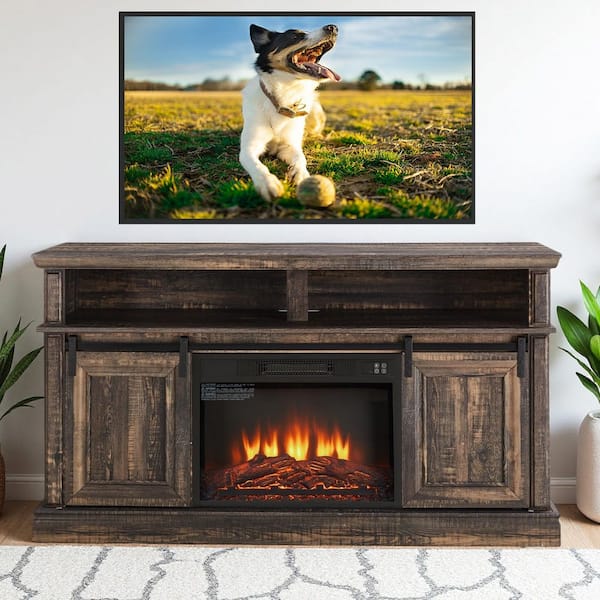 59 in. Freestanding Sliding Door TV Stand Large Storage Cabinet with 23 in. Fireplace, TV up to 65 in., White