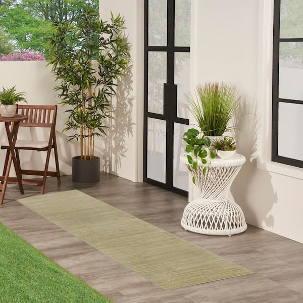 Essentials 2 ft. x 10 ft. Green Gold Abstract Contemporary Runner Indoor/Outdoor Area Rug