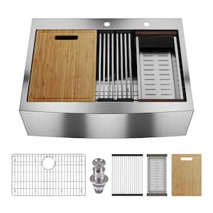 Silver Grey Stainless Steel Rectangular 30 in. Single Bowl Farmhouse Apron Workstation Kitchen Sink with Accessories