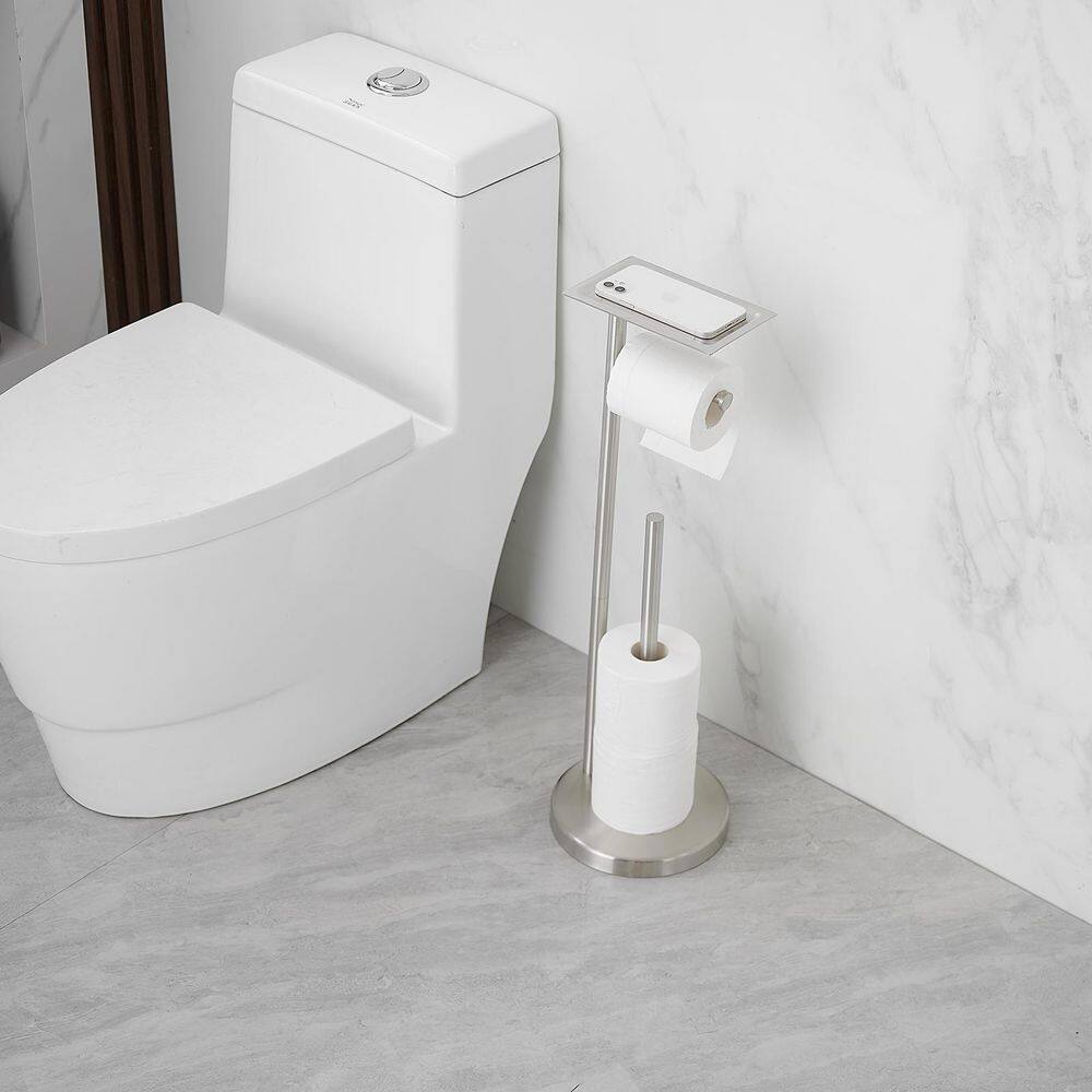 Brushed Nickel Freestanding Toilet Paper Holder with Storage Shelf