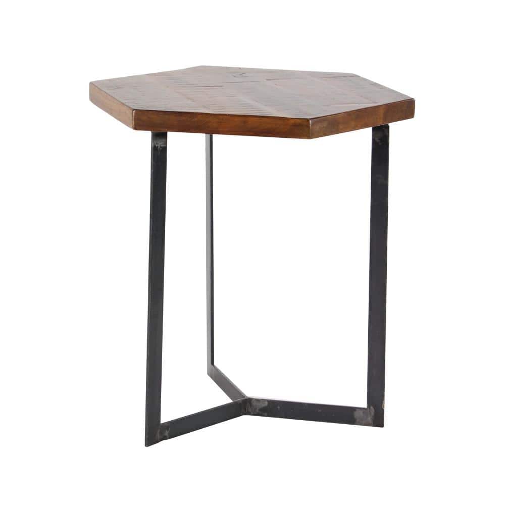 Hexagon Mango Wood and Black Metal Accent Tables, Set of 3