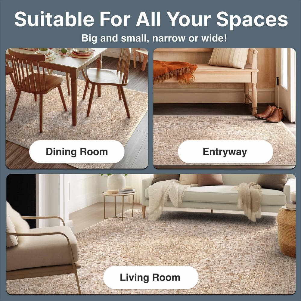 Beige Chenille Oriental Washable Reversible Area Rug 9'10" x 13'
