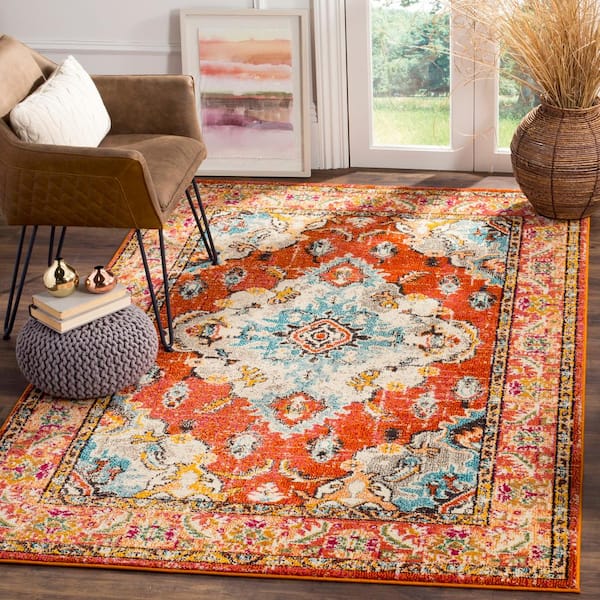 Monaco 3 ft. x 5 ft. Orange/Light Blue Distressed Border Medallion Area Rug