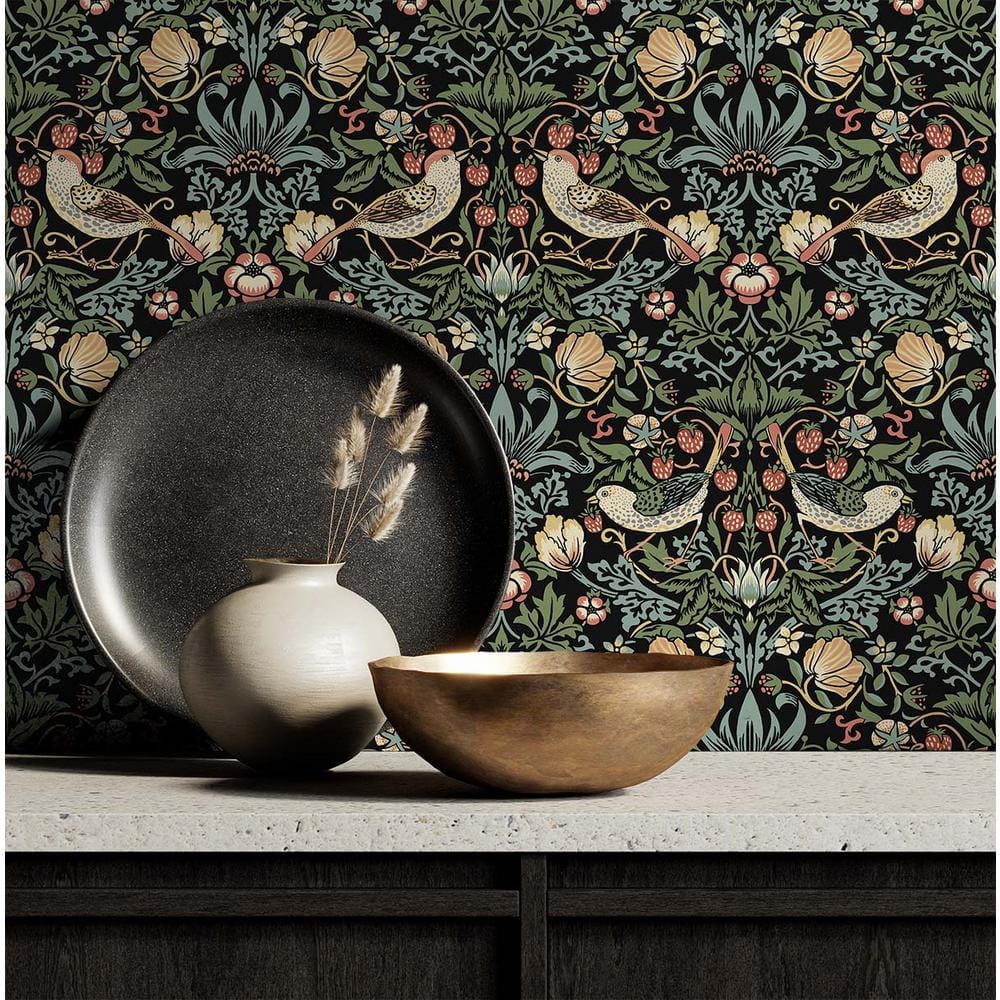 Ebony Garden Bird and Floral Peel and Stick Wallpaper