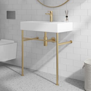 Turner 30 in. Vitreous China White Console Sink Basin and Brushed Gold Stainless Steel Legs Combo with Overflow Hole