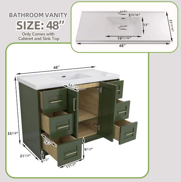 Zeafive Gnie 48 in. Single Sink Green Bath Vanity with White Solid
