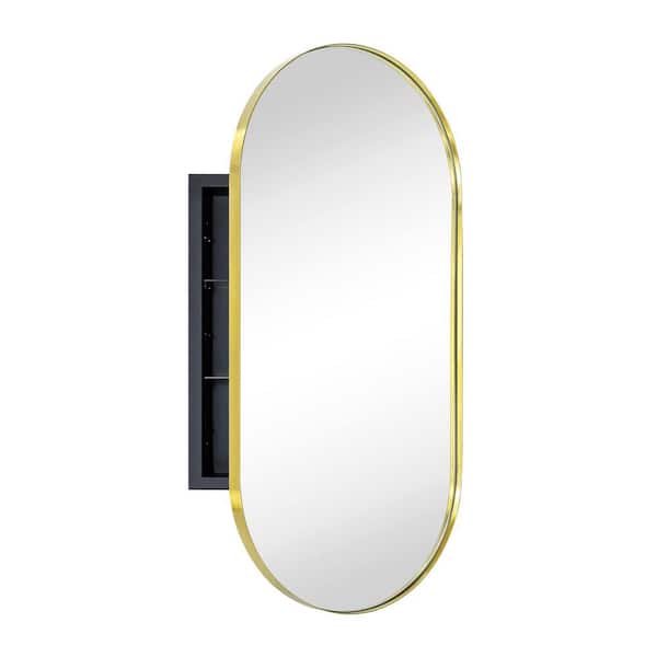 TEHOME Daisy-Mai 16 in. W x 33 in. H Oval Pill Shape Metal Framed Recessed Medicine Cabinet with Mirror in Brushed Gold