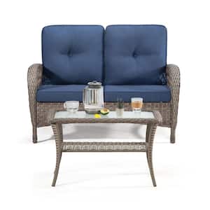 2-Piece Brown Wicker Patio Conversation Set with Blue Cushions and Coffee Table