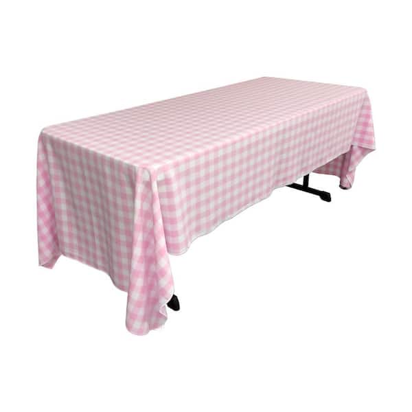 "60 in. x 144 in. White and Pink Polyester Gingham Checkered Rectangular Tablecloth"