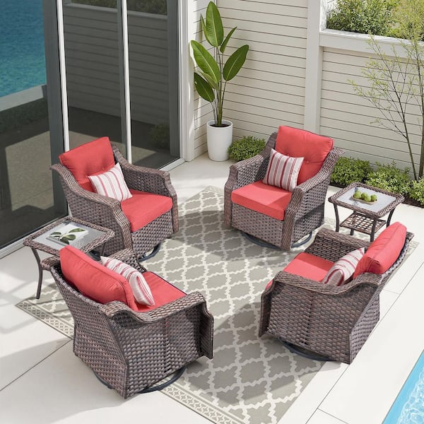 6-Piece Wicker Outdoor Rocking Chair Set with Side Table, Patio Swivel Seating Group with Red Cushions