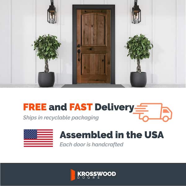 64 in. x 96 in. Knotty Alder 2-Panel Arch-Top Left-H and/Inswing Clear Glass Unfinished Wood Prehung Front Door W/DHSL