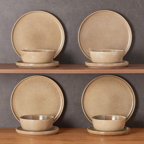 12-Piece Tan Caramel Porcelain Dinnerware Set Service for 4-Dishware Set Bowls and Plates Dinner Set for Kitchen Dining