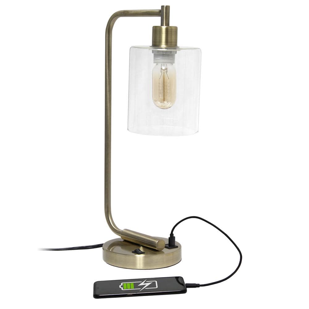 Antique Brass Curved Arm Desk Lamp with Clear Glass Shade