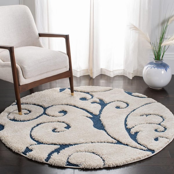 Florida Shag Cream/Blue 8 ft. x 8 ft. Round Floral Area Rug