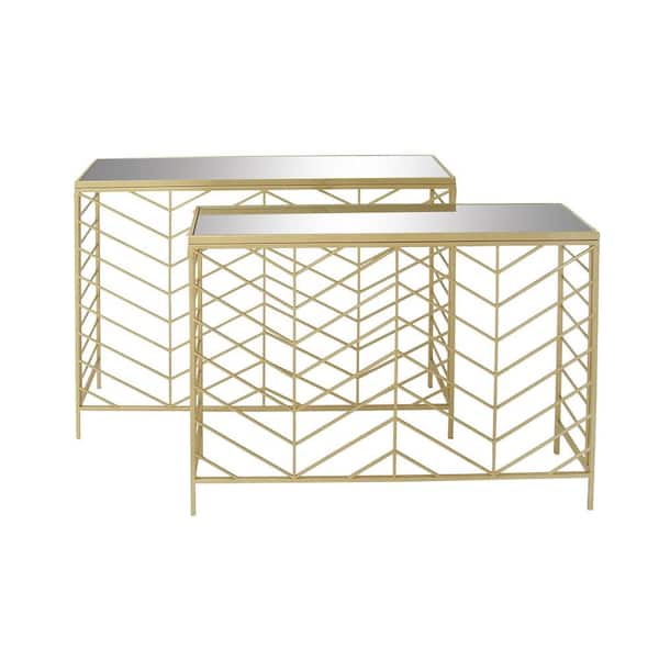 Litton Lane 42 in. Gold Extra Large Rectangle Metal Geometric Console Table with Mirrored Glass Top (2- Pieces)