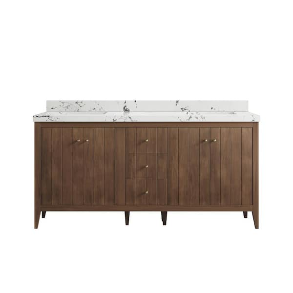 Willow Collections Atlanta Teak 72 in. W x 22 in. D x 36 in. H Double Sink Bath Vanity in Dark Natural with 2 in. Viola Night qt. Top