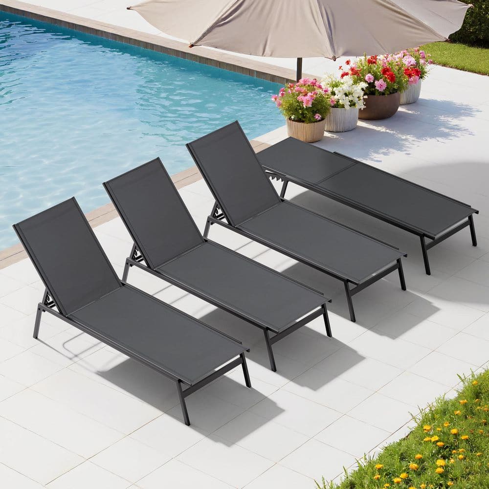 4-Piece Metal Outdoor Patio Reclining Adjustable Chaise Lounge Chairs in Black