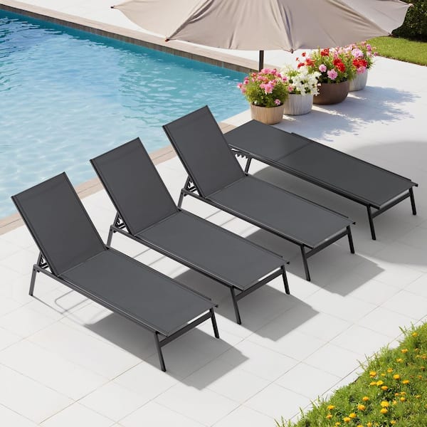 4-Piece Metal Outdoor Patio Reclining Adjustable Chaise Lounge Chairs in Black