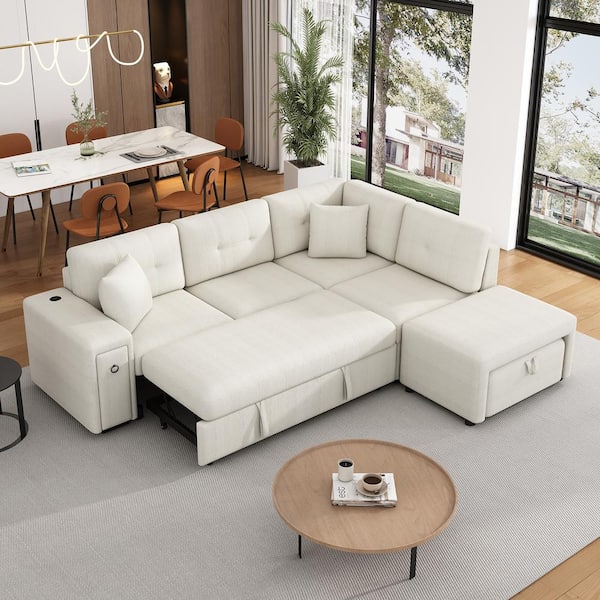 Harper & Bright Designs 86.6 in. Chenille L-shaped Sectional Sofa in Beige with Pull-out Sofa bed, Movable Ottoman, 2 USB Ports, Cup Holders