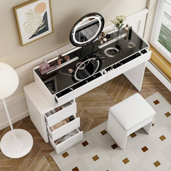 FUFU&GAGA White Makeup Vanity Set Dressing Desk with Glass Top