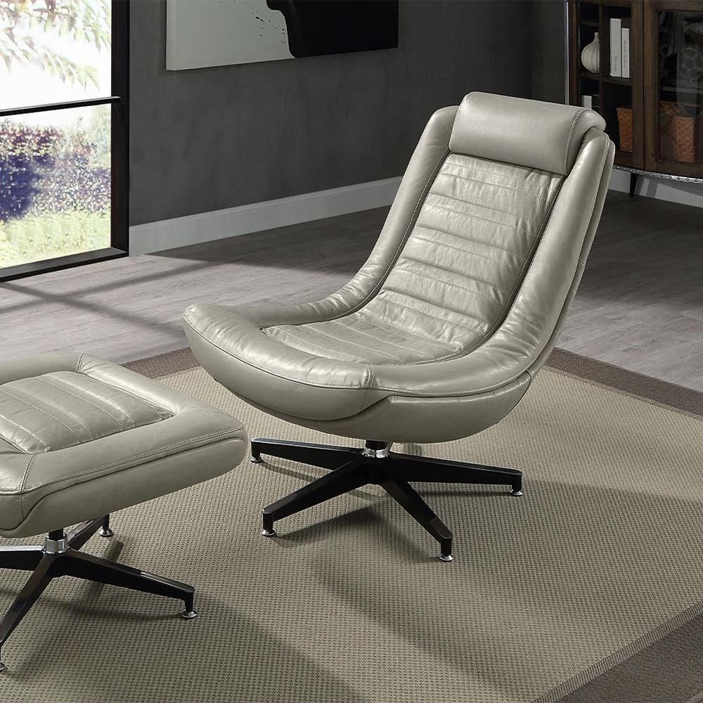 Twilight Gray Leather Swivel Accent Chair with Wood Base