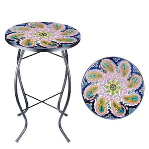 14 in. Round Purple Glass Metal Decorative Table with Mosaic Outdoor Side Table