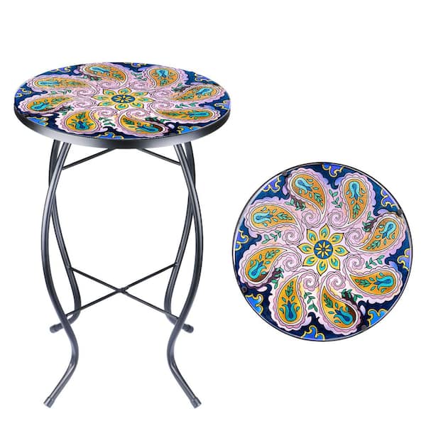 MUMTOP 14 in. Round Purple Glass Metal Decorative Table with Mosaic Outdoor Side Table