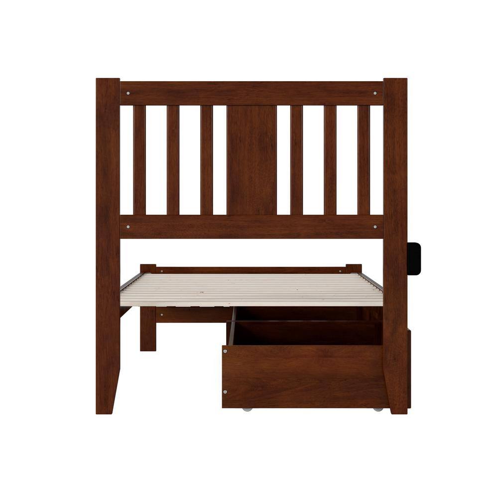 Walnut Wood Twin XL Bed with Headboard and 2 Drawers
