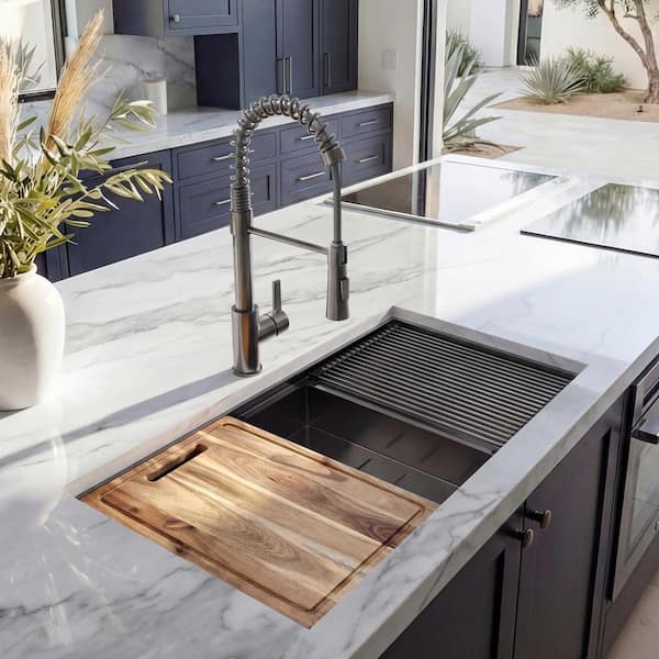 32 in. Undermount Single Bowl 18 Gauge Gunmetal Black Stainless Steel Workstation Kitchen Sink