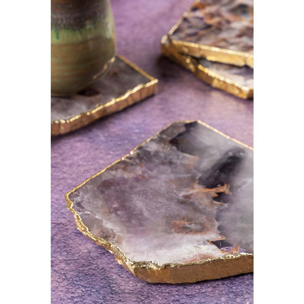 Dazzle Amethyst Stone Coasters with Gold Edges, Set of 4
