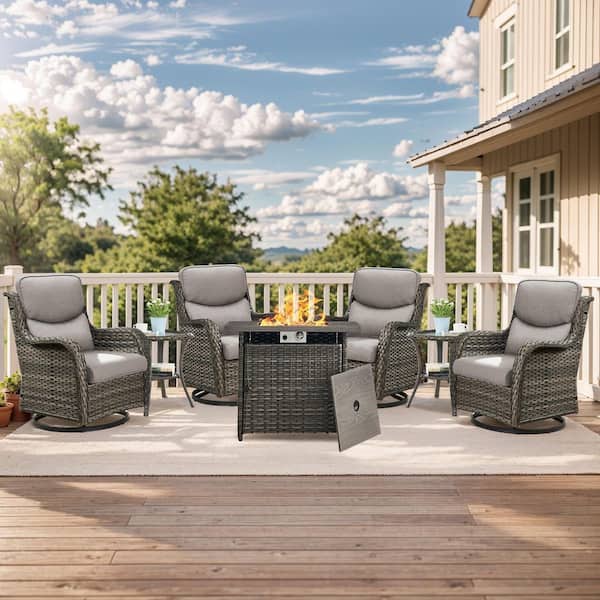 moosprr Luxury Gray Wicker Fire Pit Conversation Set with Olefin Gray Cushions and Patio Swivel Chairs/Side Tables (7-Piece)