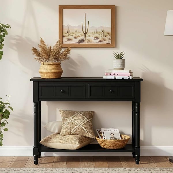 35.50 in. Black Rectangle Solid Wood Console Table with 2-Drawers and Bottom Shelf
