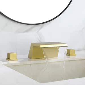 Lilac two Square Handle Waterfall Bathroom Sink Faucet with Valve in Brushed Gold