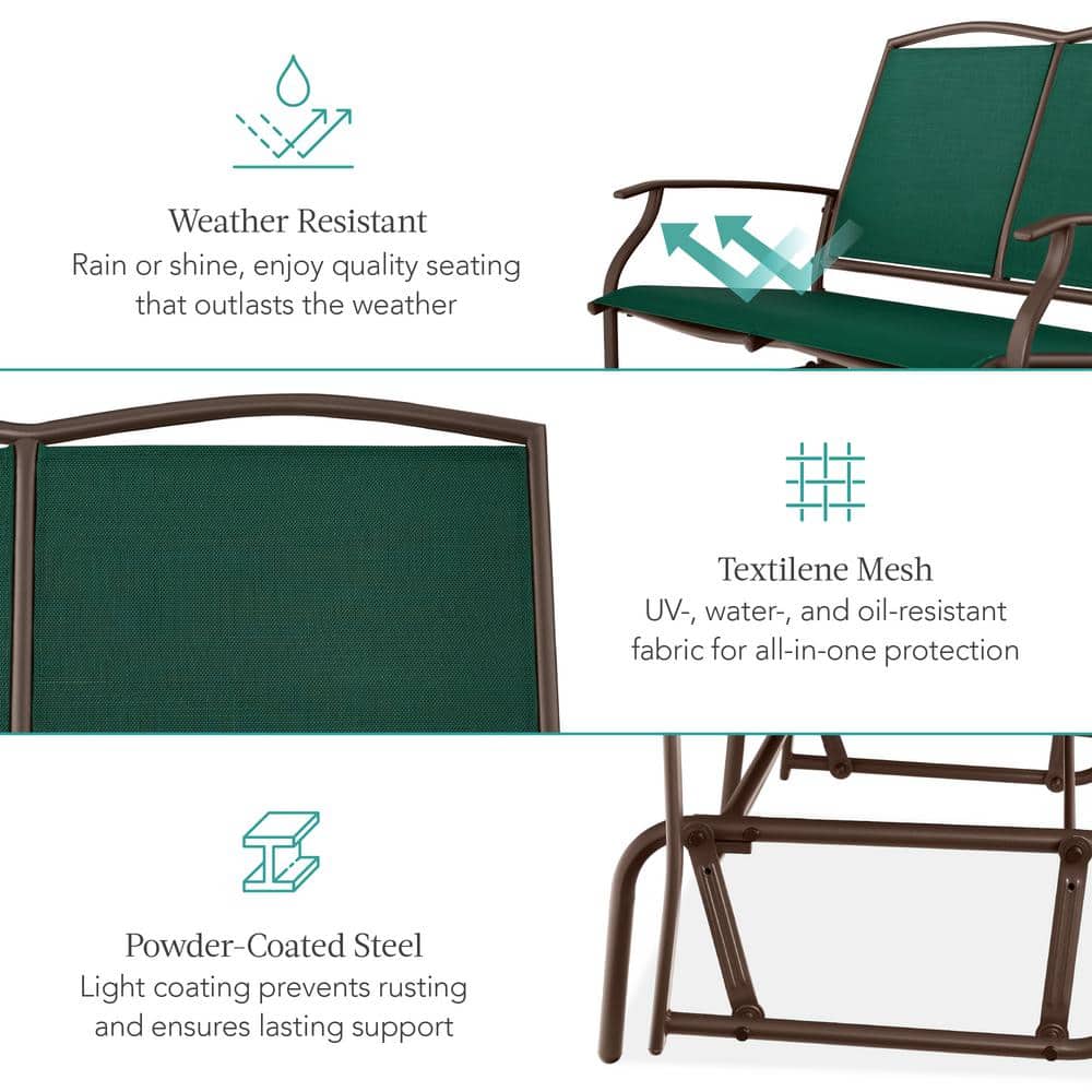 Forest Green and Brown Metal Outdoor Glider Loveseat