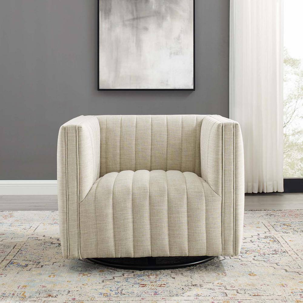 Beige Velvet Swivel Accent Chair with Wood Base