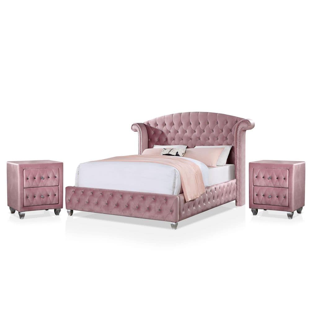 Furniture of America Nesika 3-Piece Glam Pink Upholstered Full Bedroom ...
