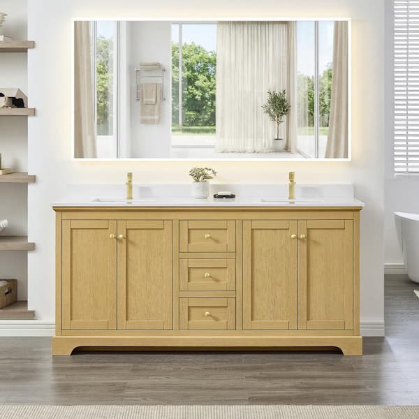 Avery 72 in. Double Freestanding Honey Oak Bath Vanity with White Quartz Top