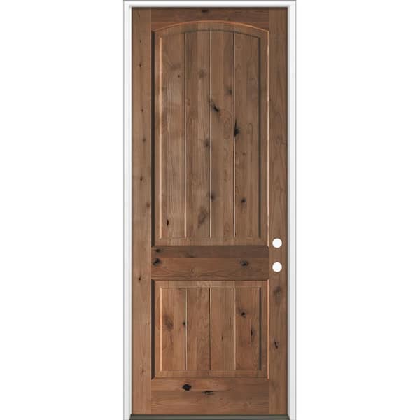 36 in. x 96 in. Rustic Knotty Alder Top Arch V-Grooved Left-Hand/Inswing BEHR True Black Stain Wood Prehung Front Door