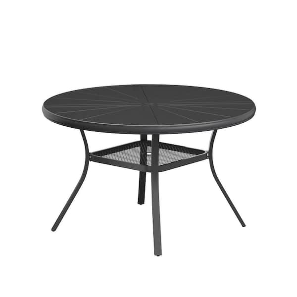47.2 in. Black Round Aluminum Outdoor Dining Table for 6, All Weather Patio Table with Umbrella Hole for Garden
