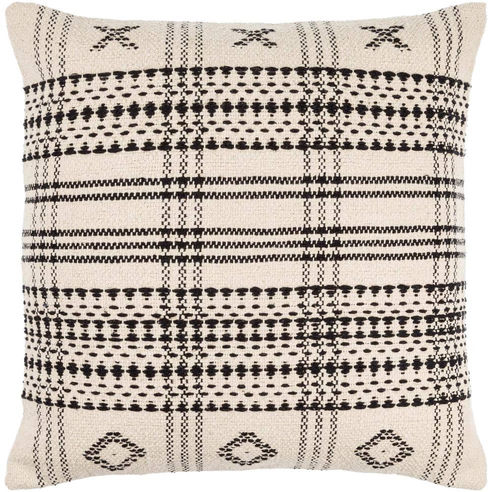 Beige and Black Cotton Square Accent Pillow, 18 inch